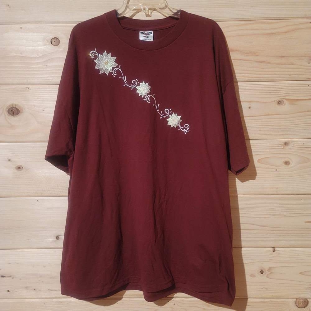 Jerzees Burgundy Embroidered Christmas Flower Design Size 3X 26x32